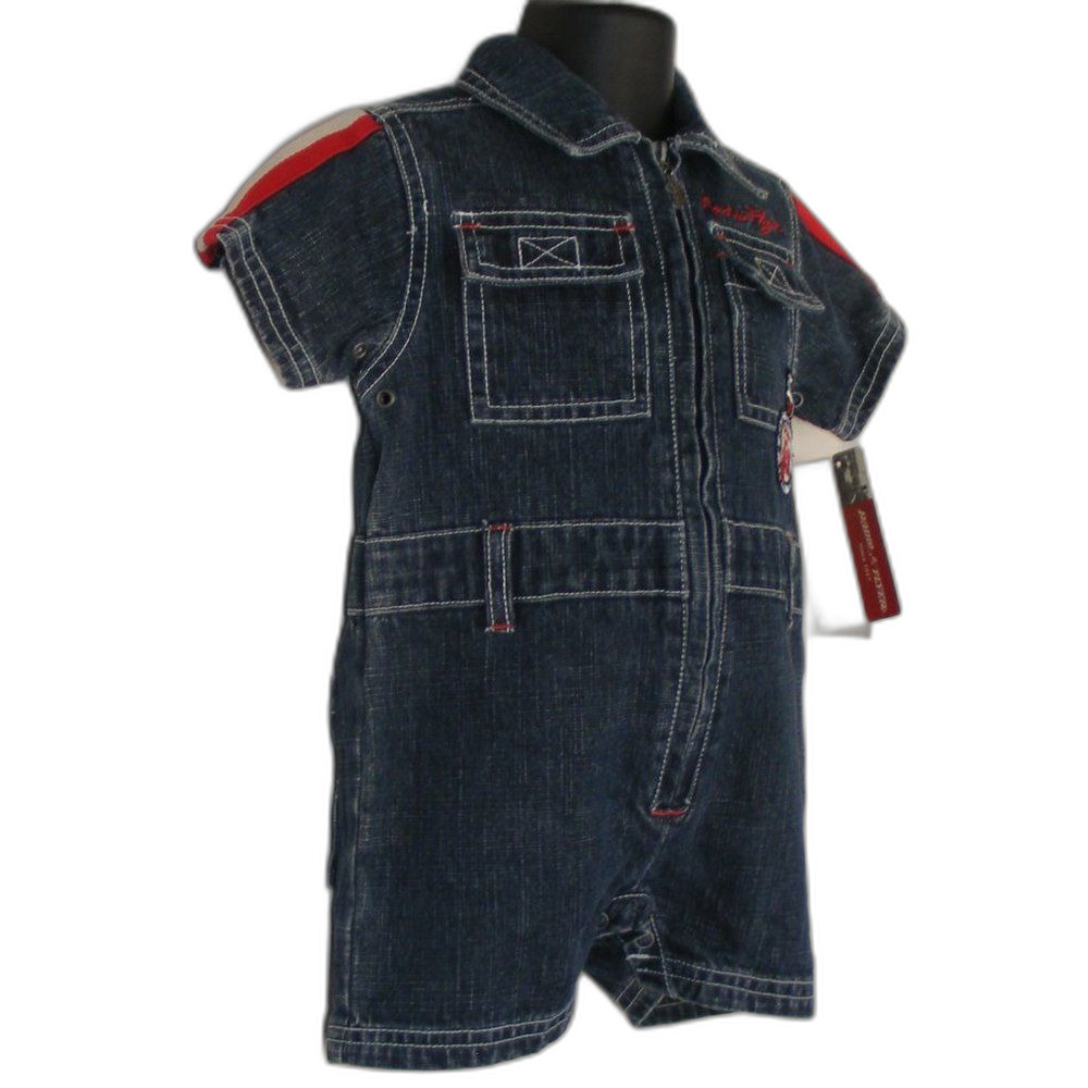 new! RADIO FLYER Denim Jumpsuit/Short-alls 6-9mo, short sleeves - Picture 2 of 15